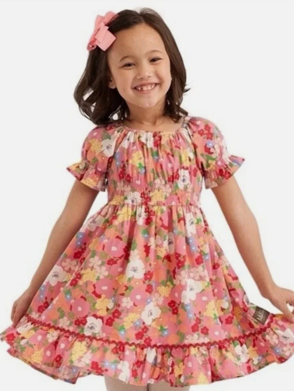 Matilda Jane Girls Pink Floral Good Luck Charm Puff Sleeves Smocked Dress Size 8